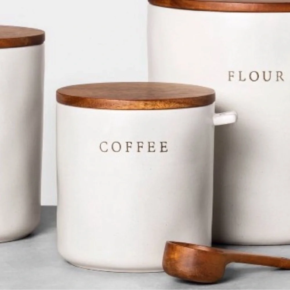 Hearth & Hand Ceramic Coffee Canister Crock w/ Wood Lid & Wooden Spoon